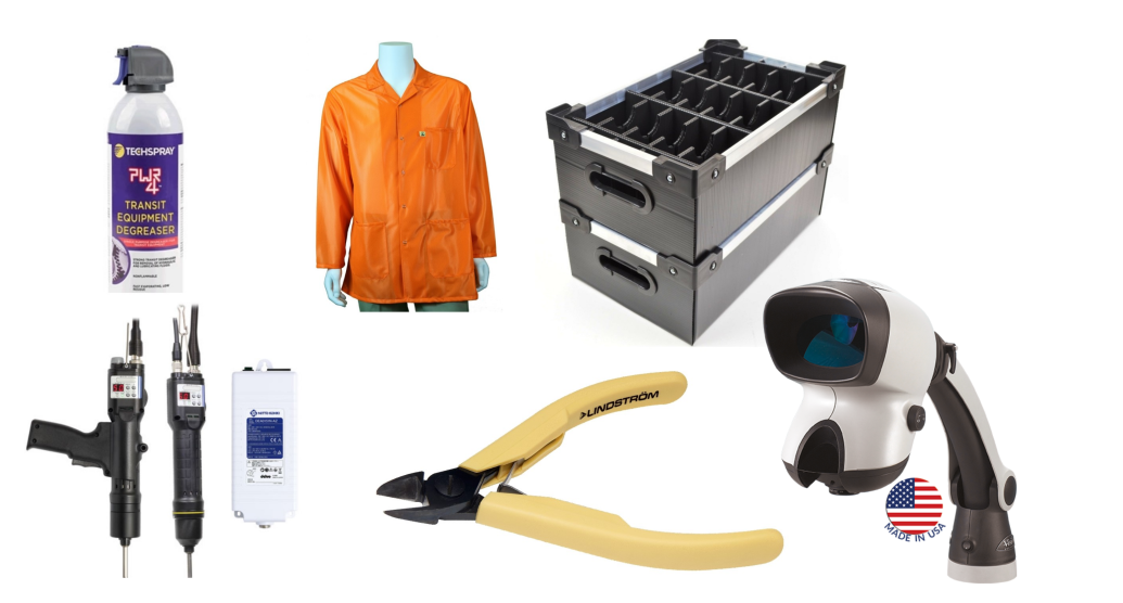 various supplies (spray, jacket, containers, electronic screwdriver, pliers, magnifier)